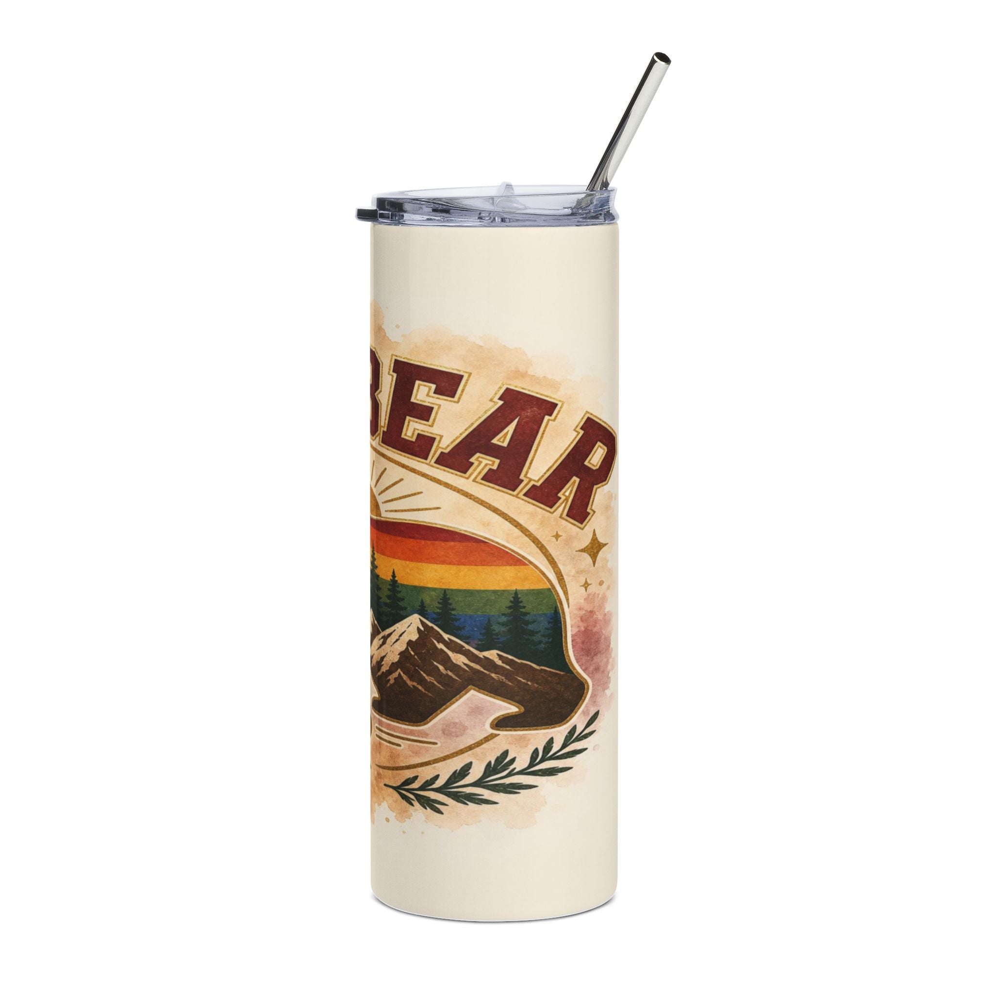 Cream tumbler with "BEAR" text and a mountain, trees, and rainbow sunset graphic.