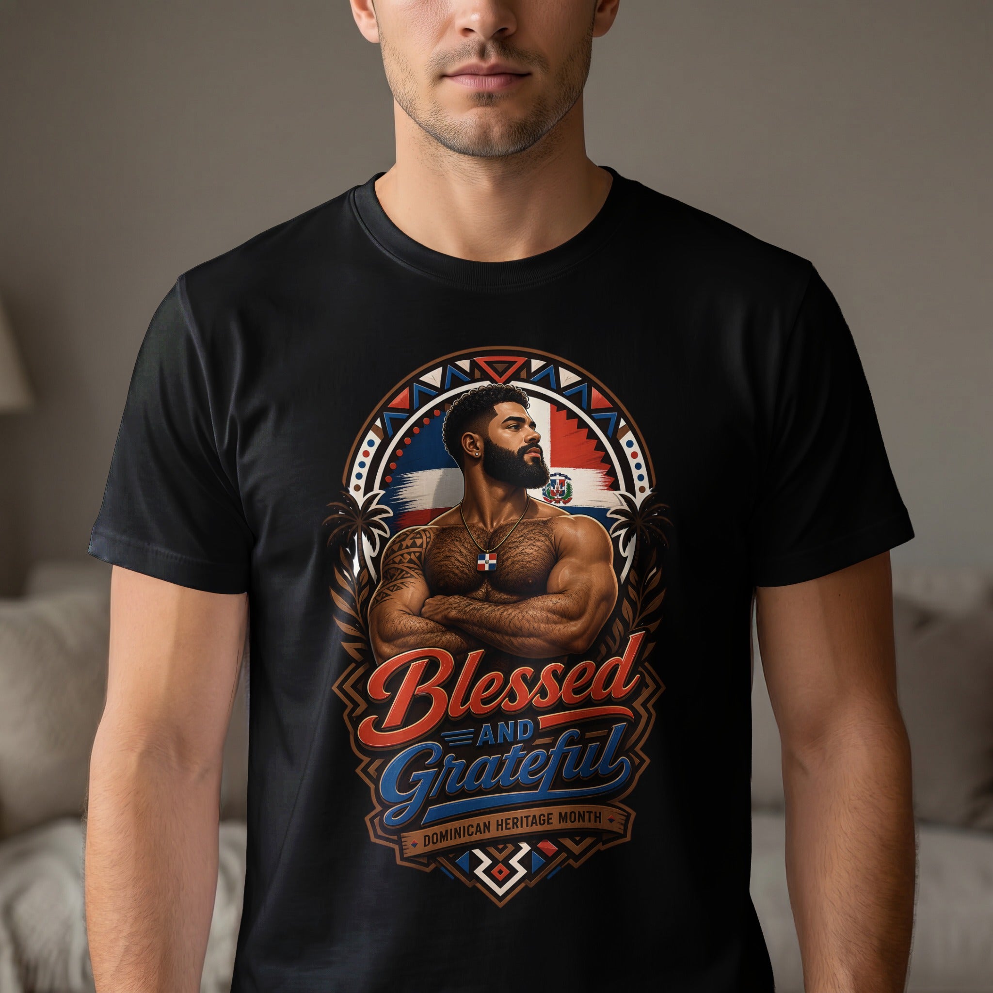Black t-shirt with a muscular man and "Blessed and Grateful Dominican Heritage Month" text.