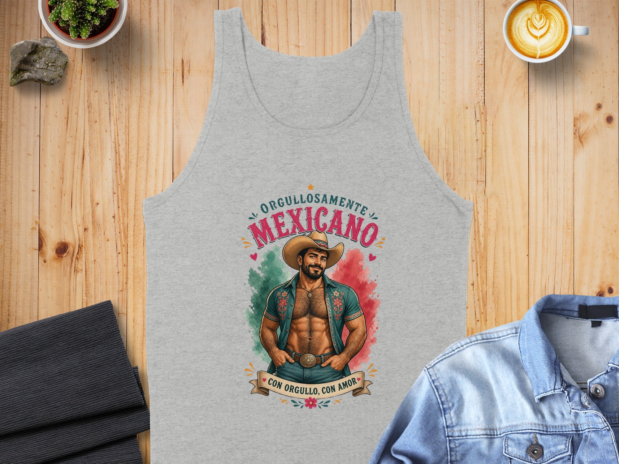 Tank top with "Orgullosamente Mexicano" text and a man in a cowboy hat.