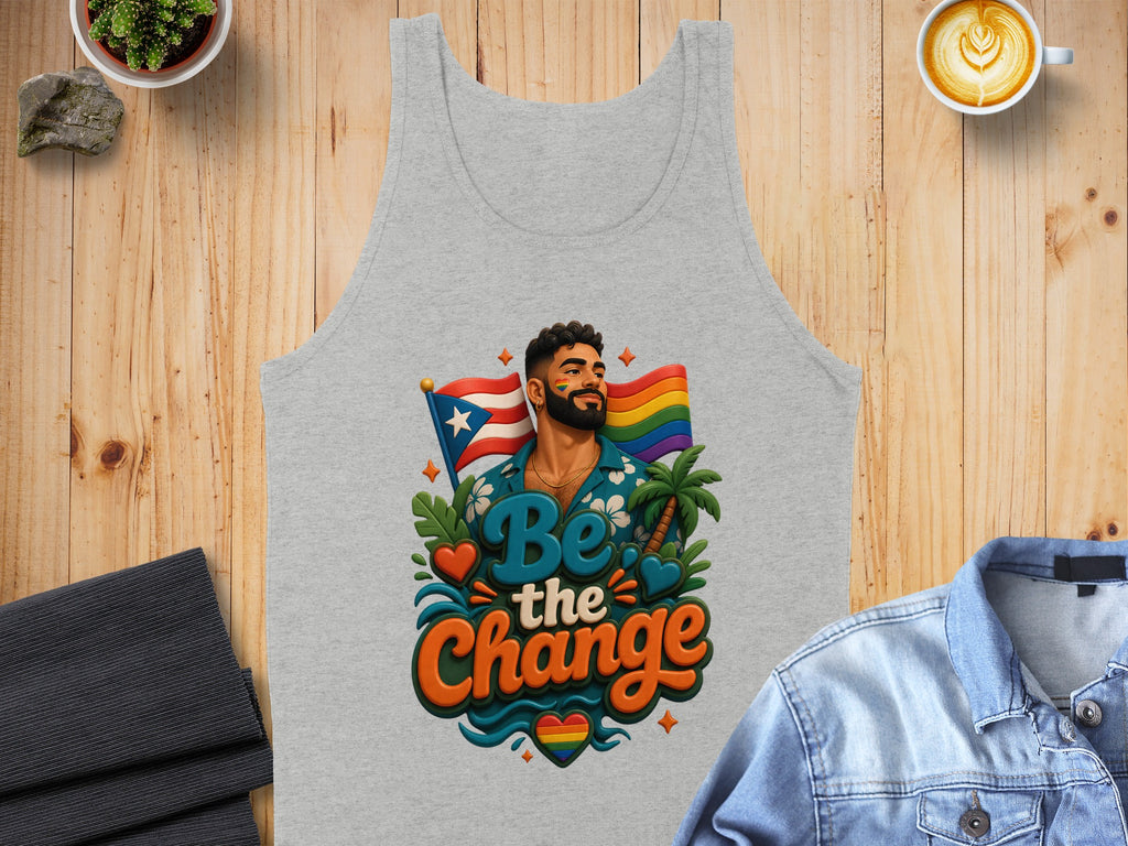 Grey tank top with "Be The Change" slogan, rainbow flag, and palm trees.