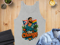 Grey tank top with "Be The Change" slogan, rainbow flag, and palm trees.