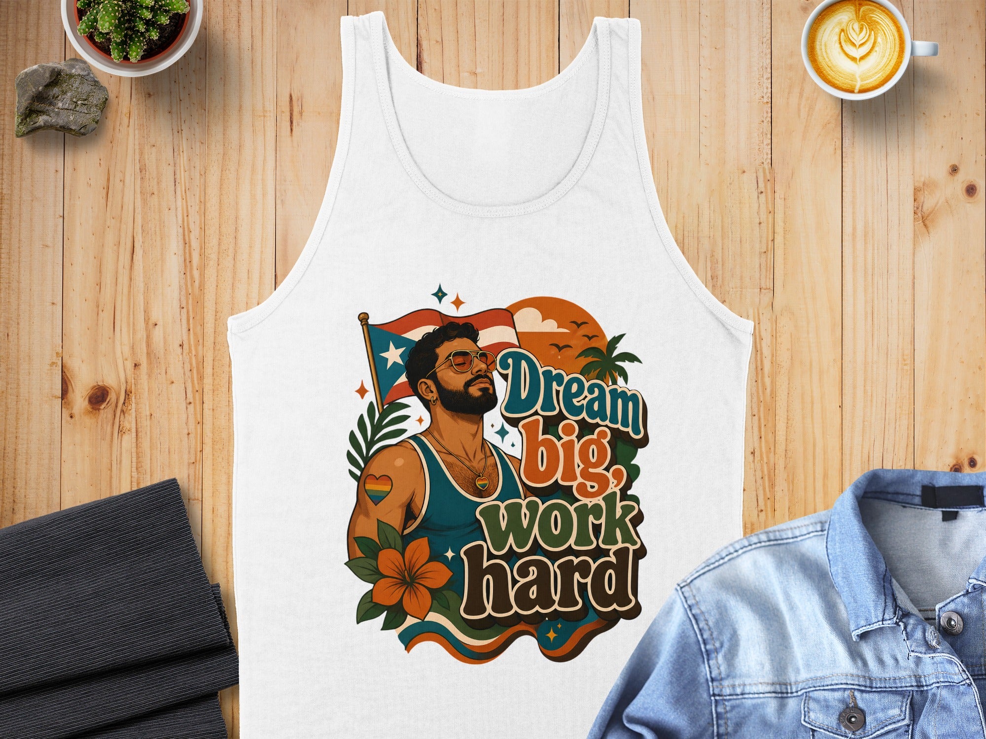 White tank top with "Dream big, work hard" text and rainbow flag.