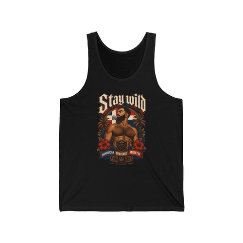 Stay Wild Dominican Heritage Month tank top with man and flag.