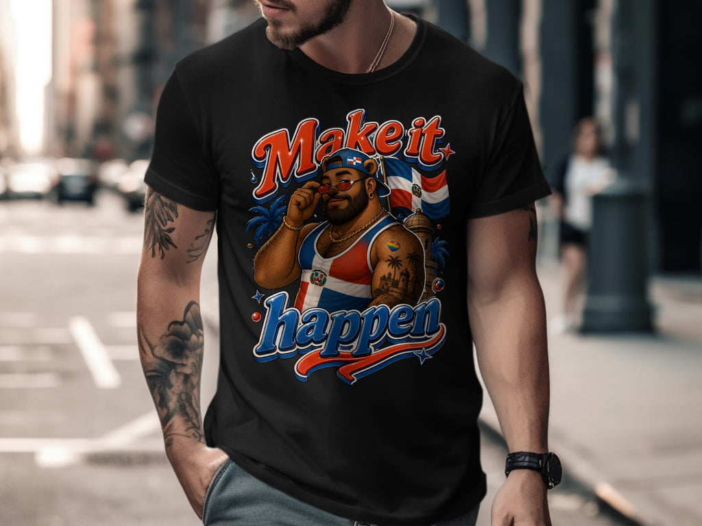 Man wearing black t-shirt with Dominican Republic flag design and "Make it happen" text.