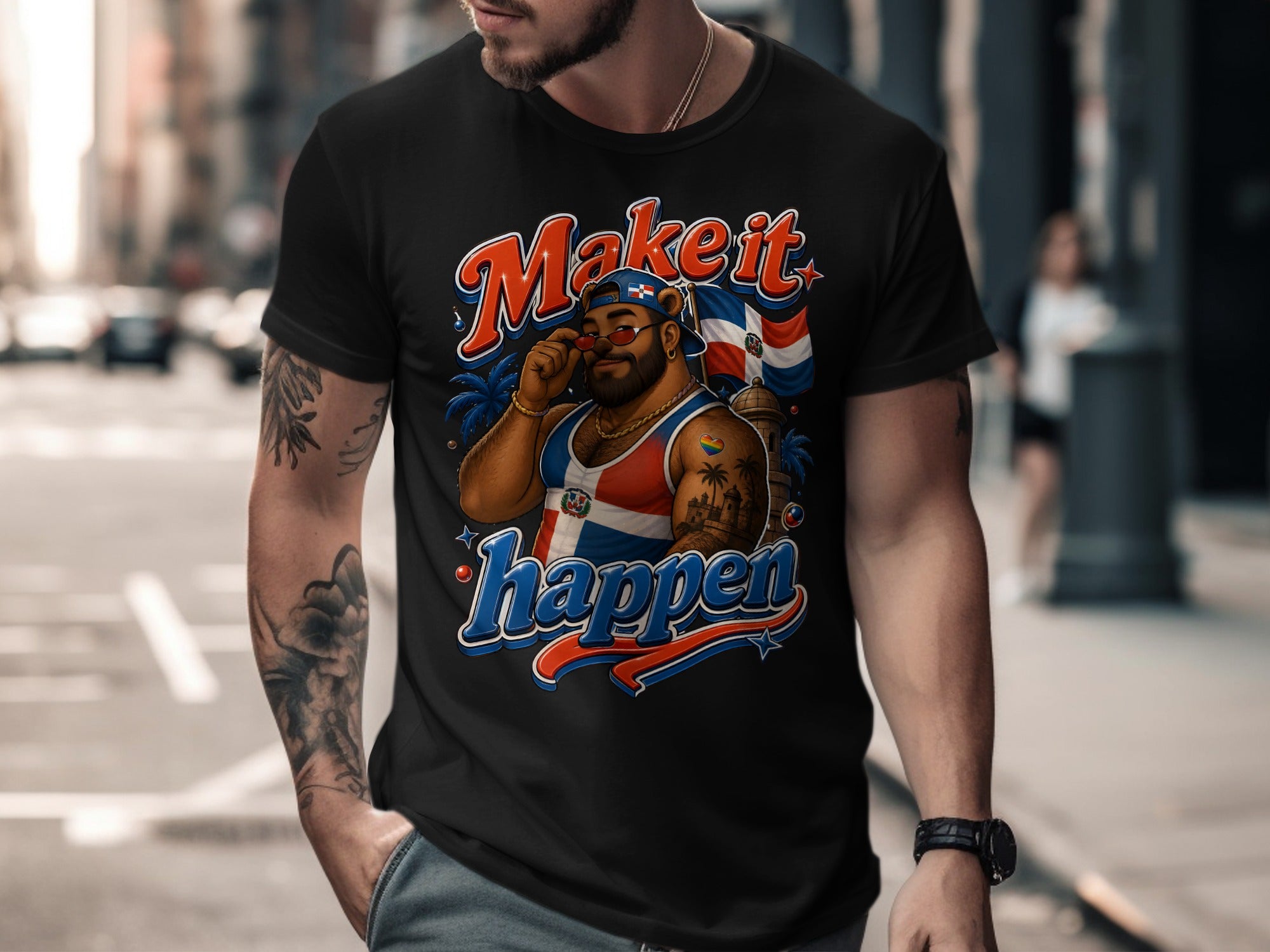 Man wearing black t-shirt with Dominican Republic flag design and "Make it happen" text.