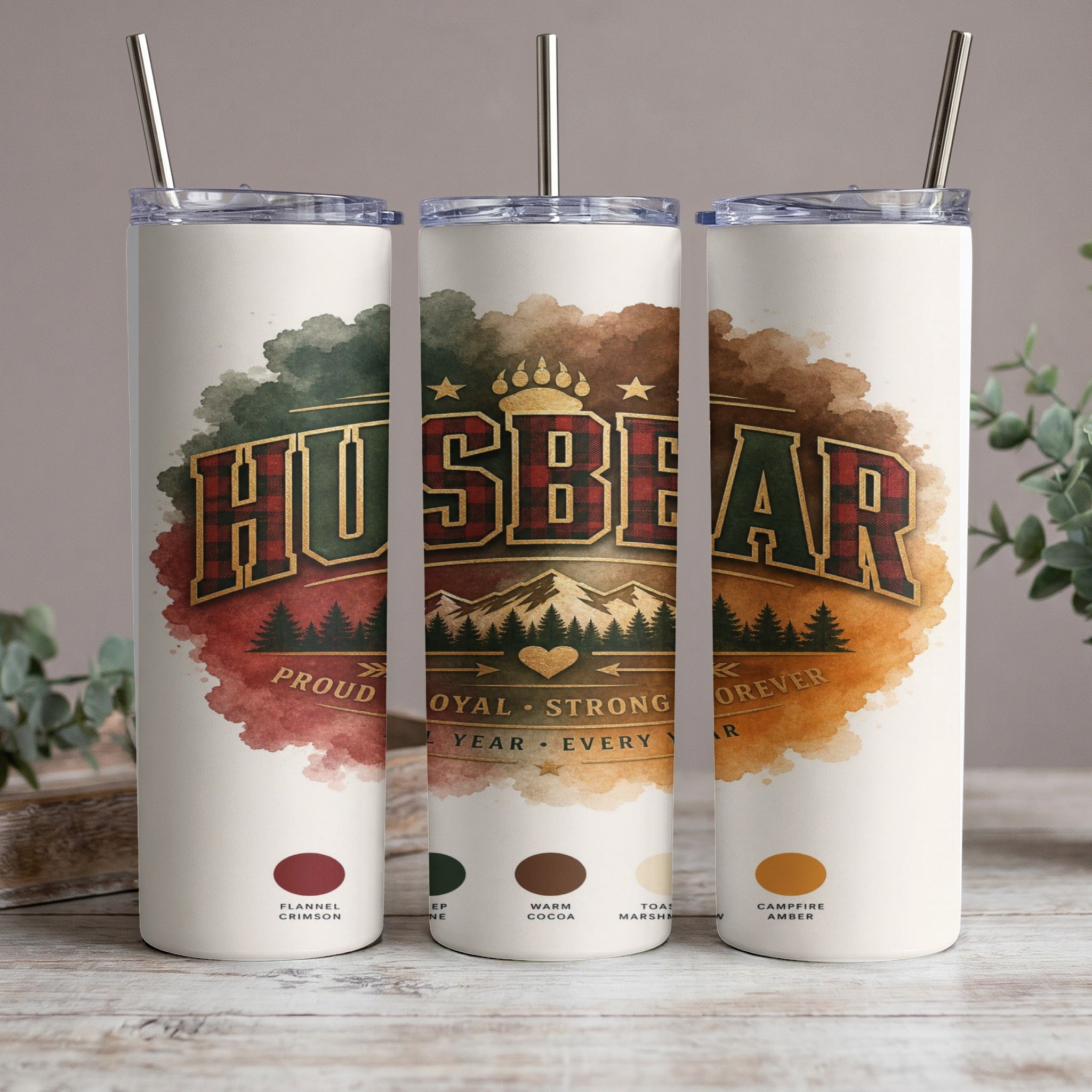 Husbear tumbler with plaid and mountain design, available in multiple colors.