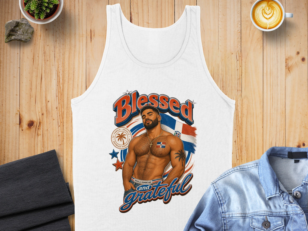 Tank top with "Blessed and Grateful" text and Dominican Republic flag graphic.