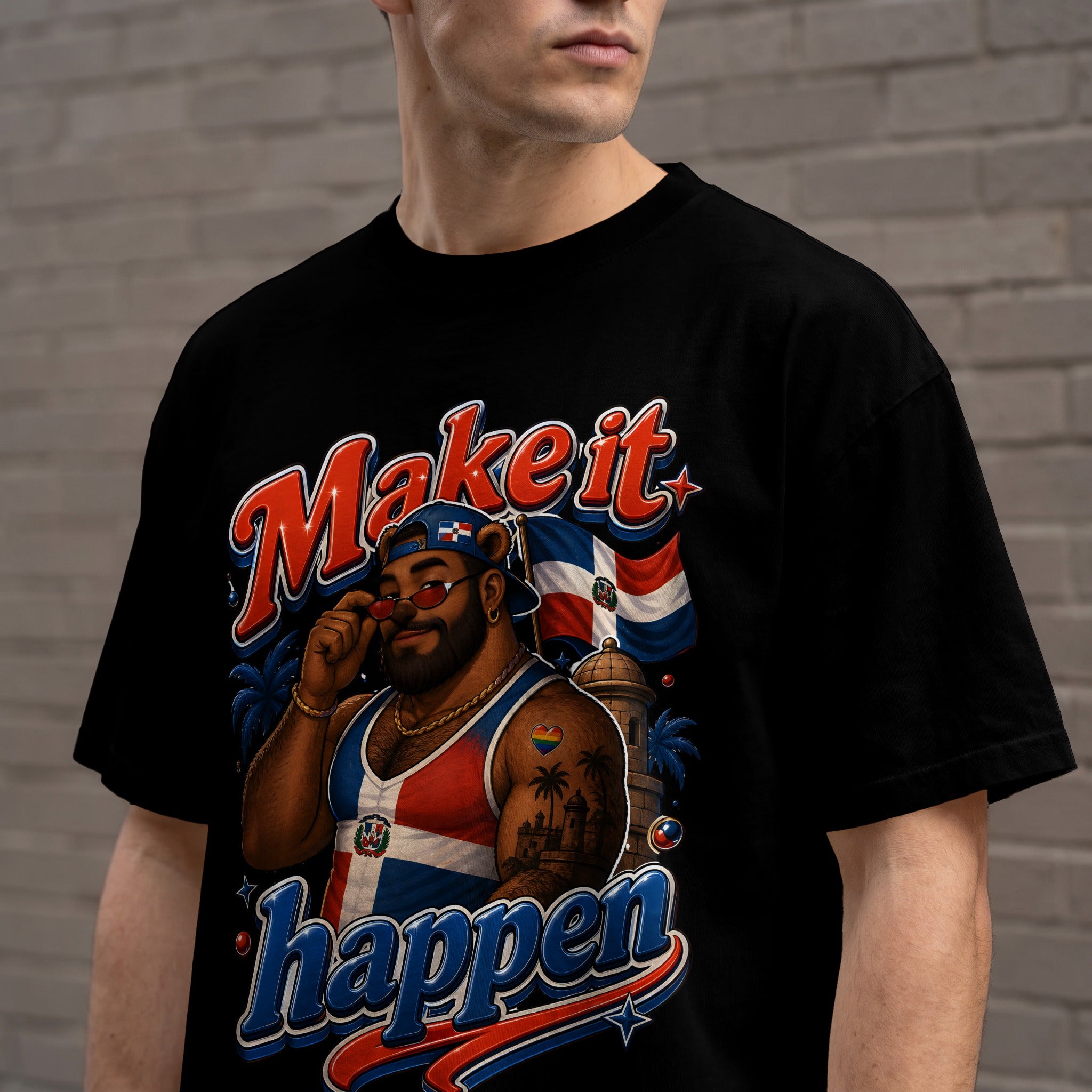 Black t-shirt with Make it happen design featuring a bear and the Dominican flag.