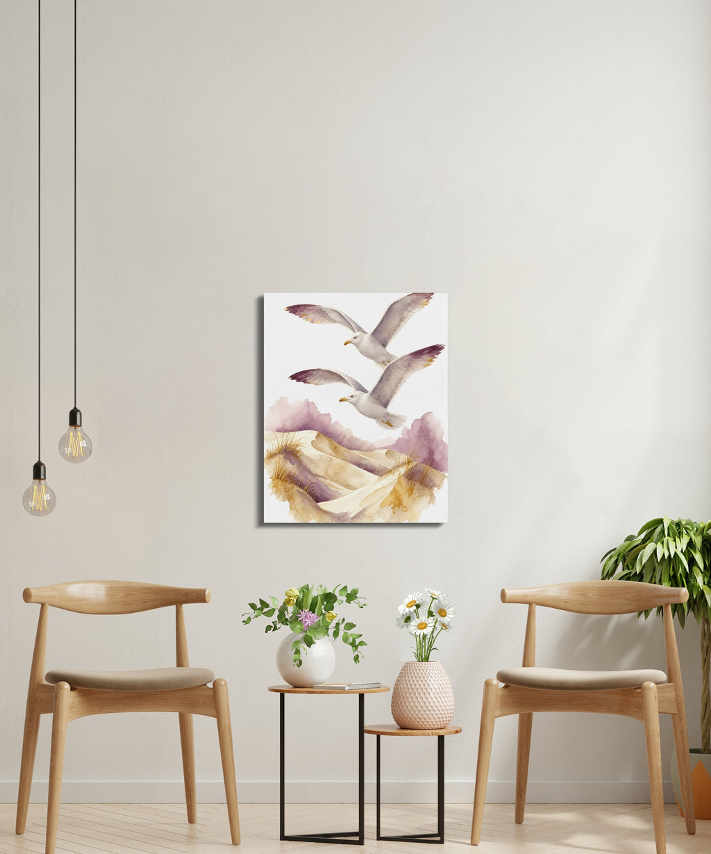 Watercolor painting of two seagulls flying over sand dunes with purple accents.