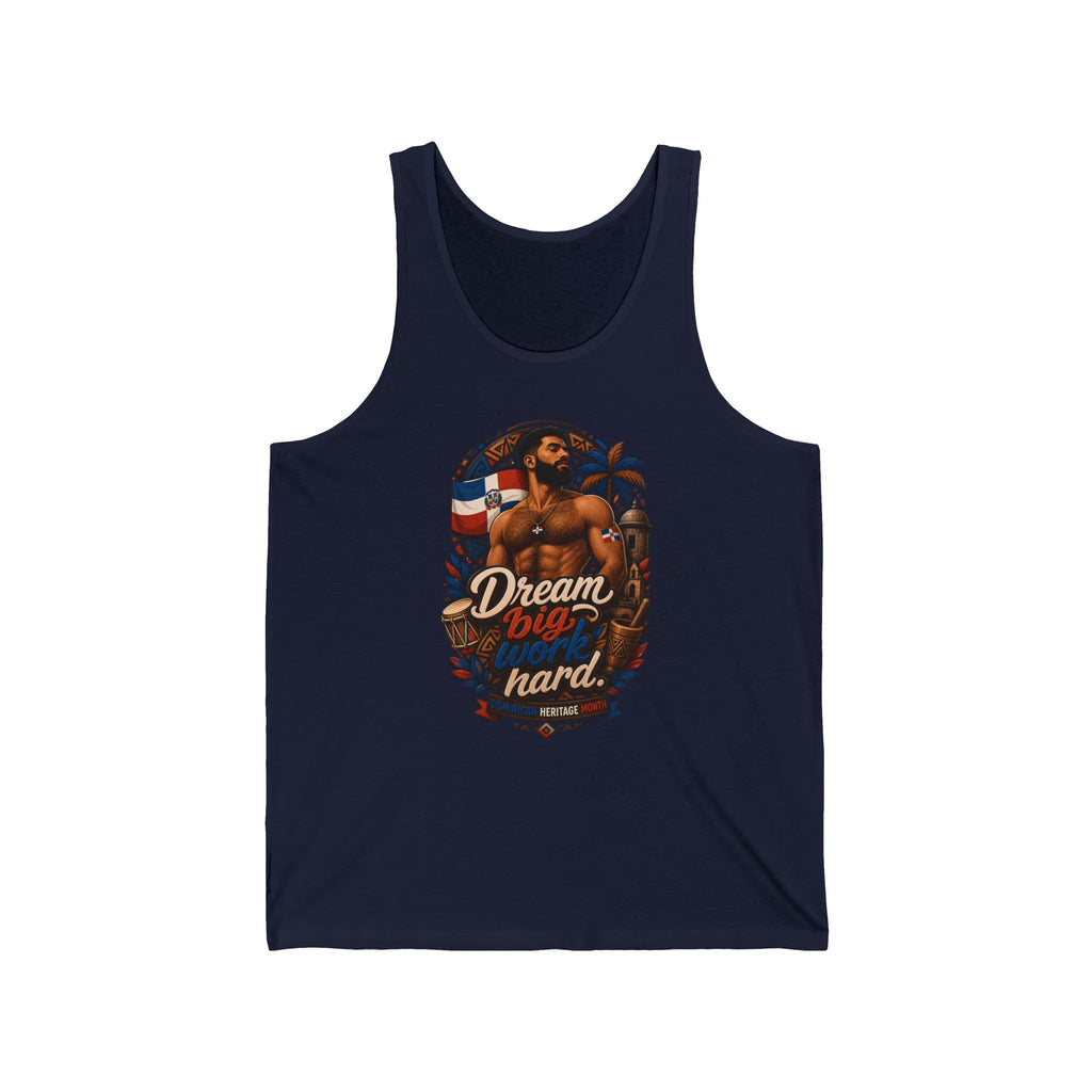 Tank top with man, drum, flag, and palm tree art.