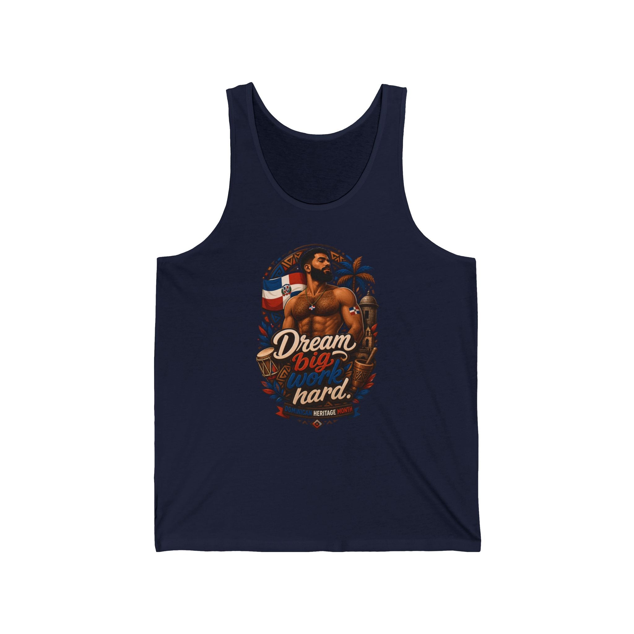 Tank top with man, drum, flag, and palm tree art.