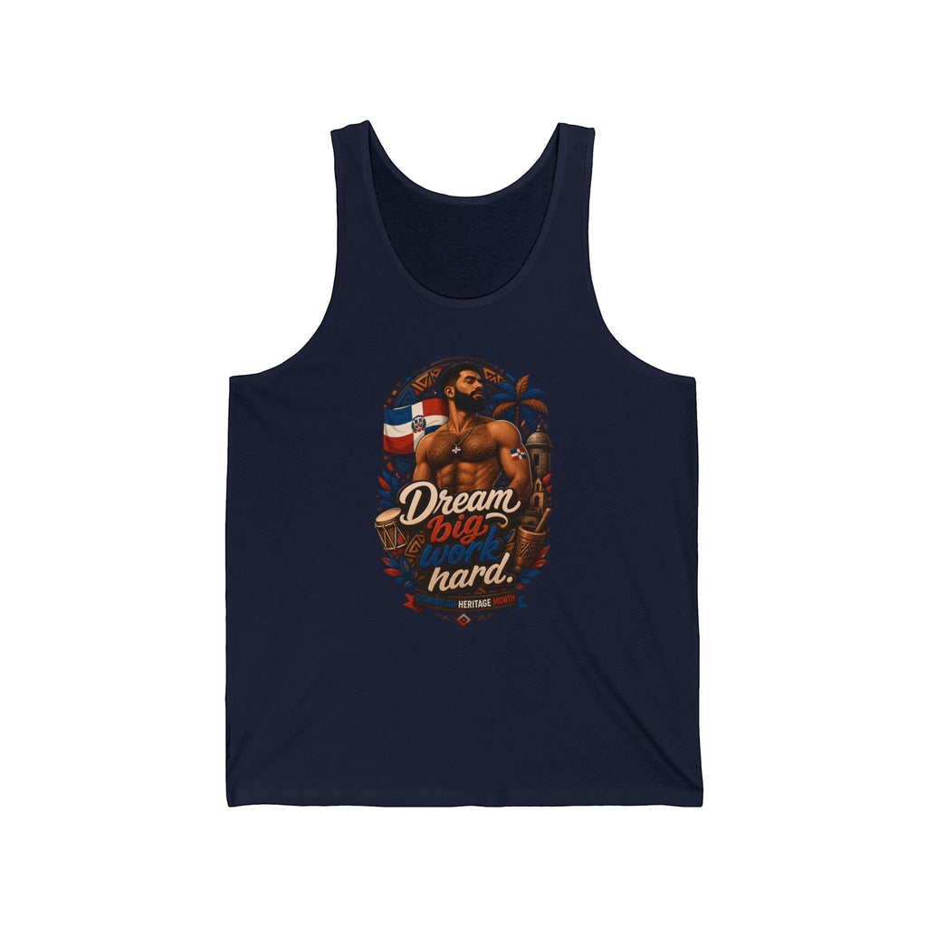 Tank top with man, drum, flag, and palm tree art.