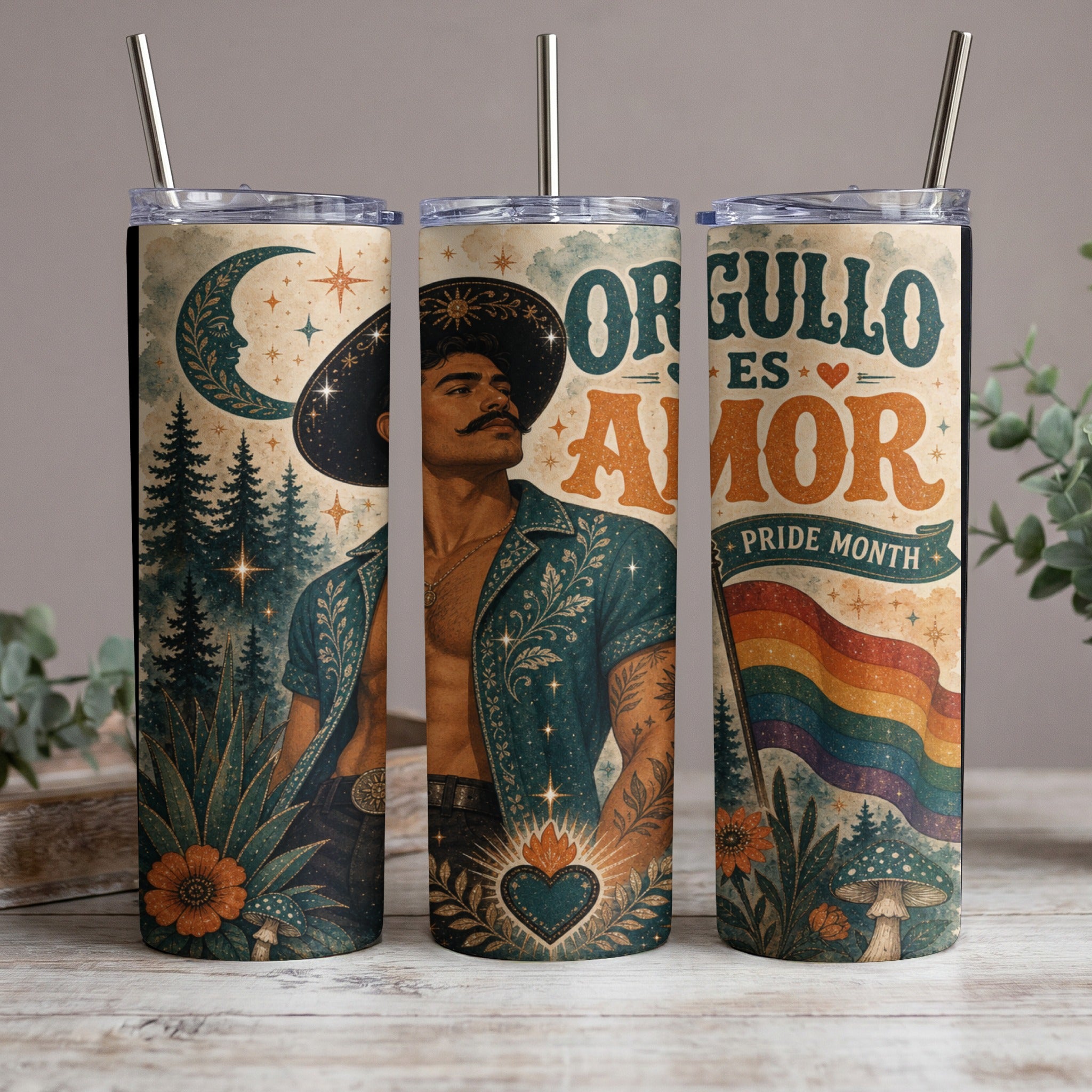 Man in western wear and hat on pride tumbler with text "Orgullo es Amor."