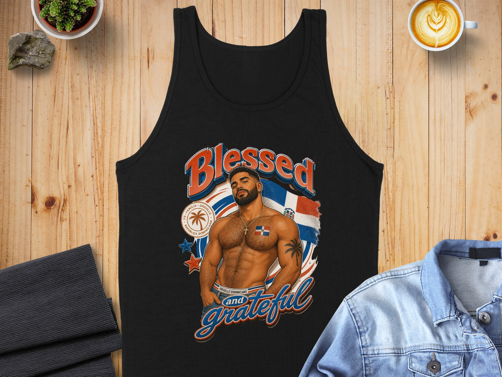 Black tank top with Dominican Republic flag and "Blessed & Grateful" text.
