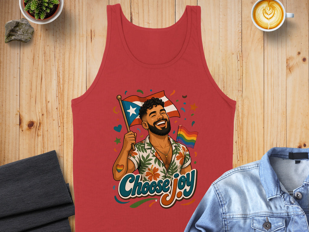 Red tank top with illustration of smiling man holding Puerto Rican and LGBTQ+ flags, "Choose Joy" text.