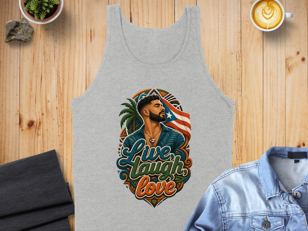 Grey tank top with "Live Laugh Love" and Puerto Rican flag design.