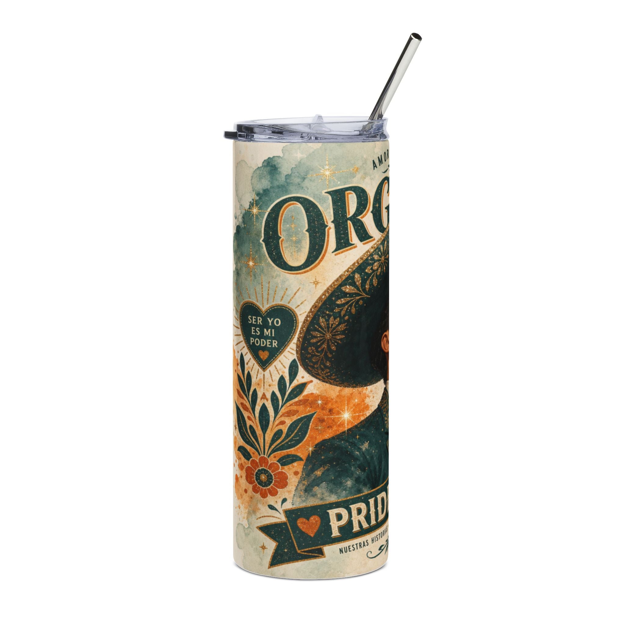 Tumbler with "Orgullo" and floral design, featuring a woman in a sombrero.