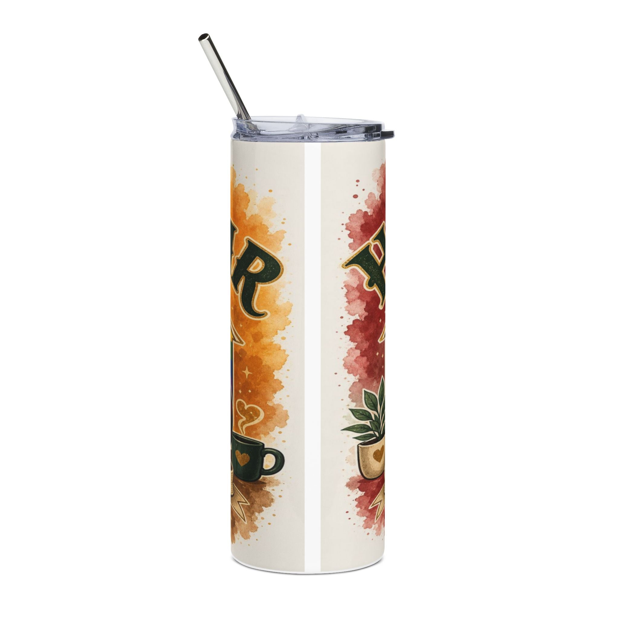 Tumbler with watercolor accents, coffee cup, and potted plant design.
