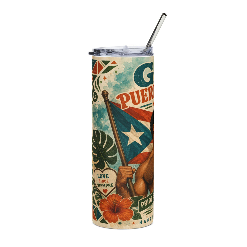 Puerto Rican flag and hibiscus flower on a tumbler.