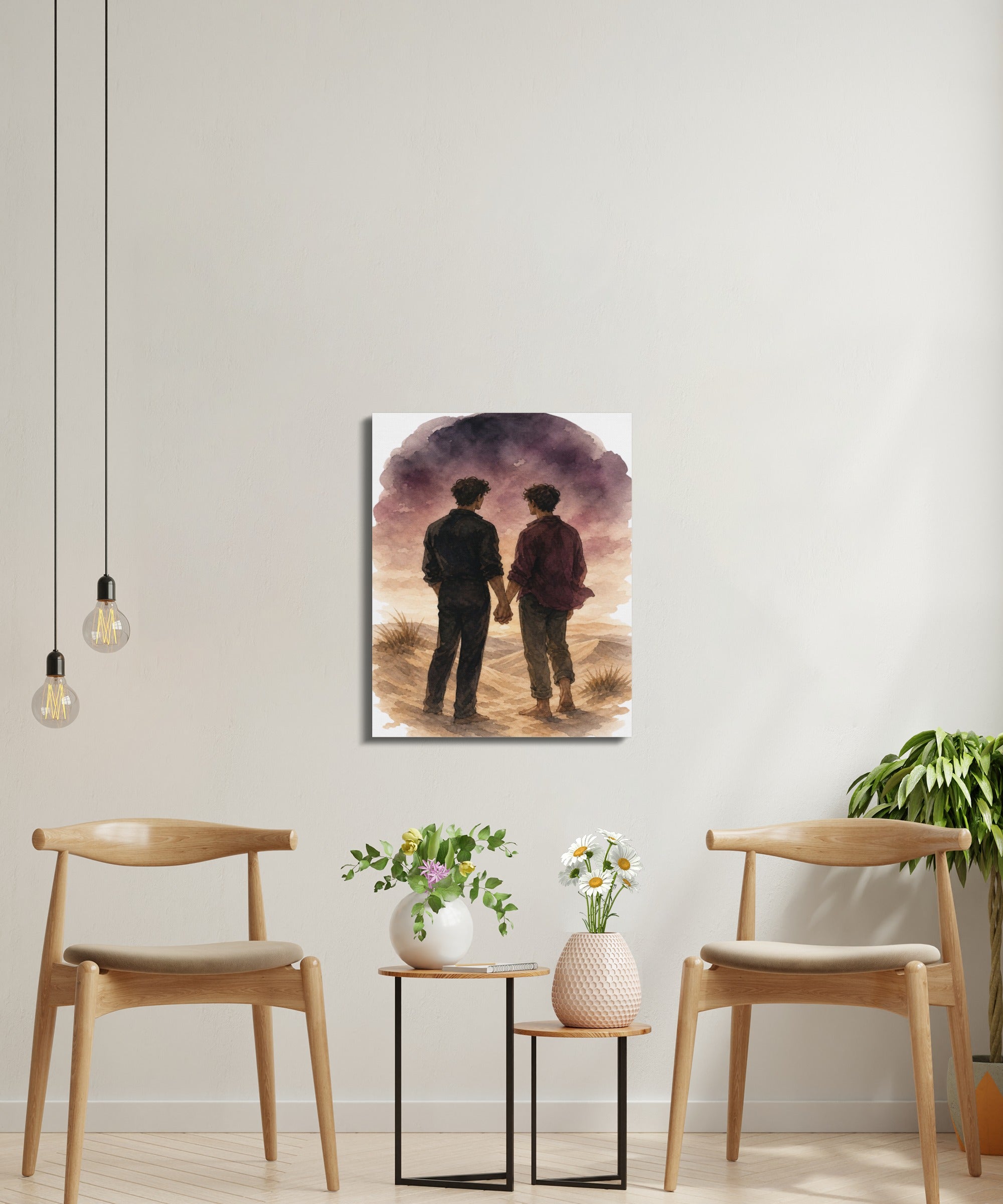 Watercolor painting of two figures holding hands in a desert landscape.