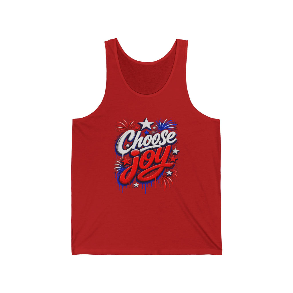 Red tank top with "Choose Joy" text and patriotic stars and fireworks design.