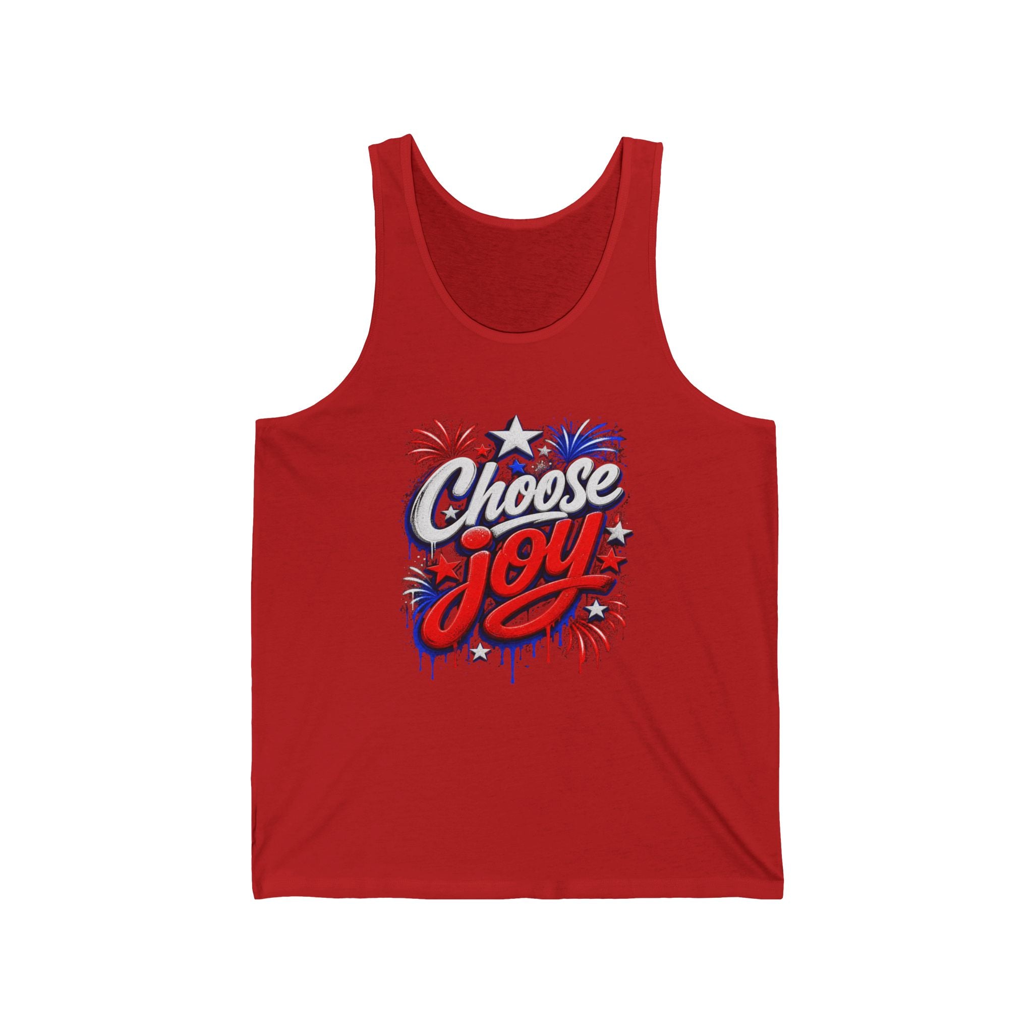 Red tank top with "Choose Joy" text and patriotic stars and fireworks design.