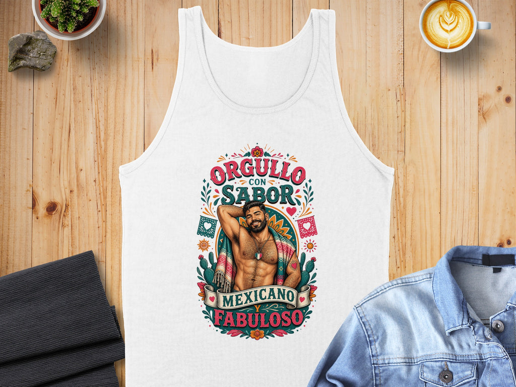Tank top with "Orgullo con Sabor Mexicano Fabuloso" text and a man.
