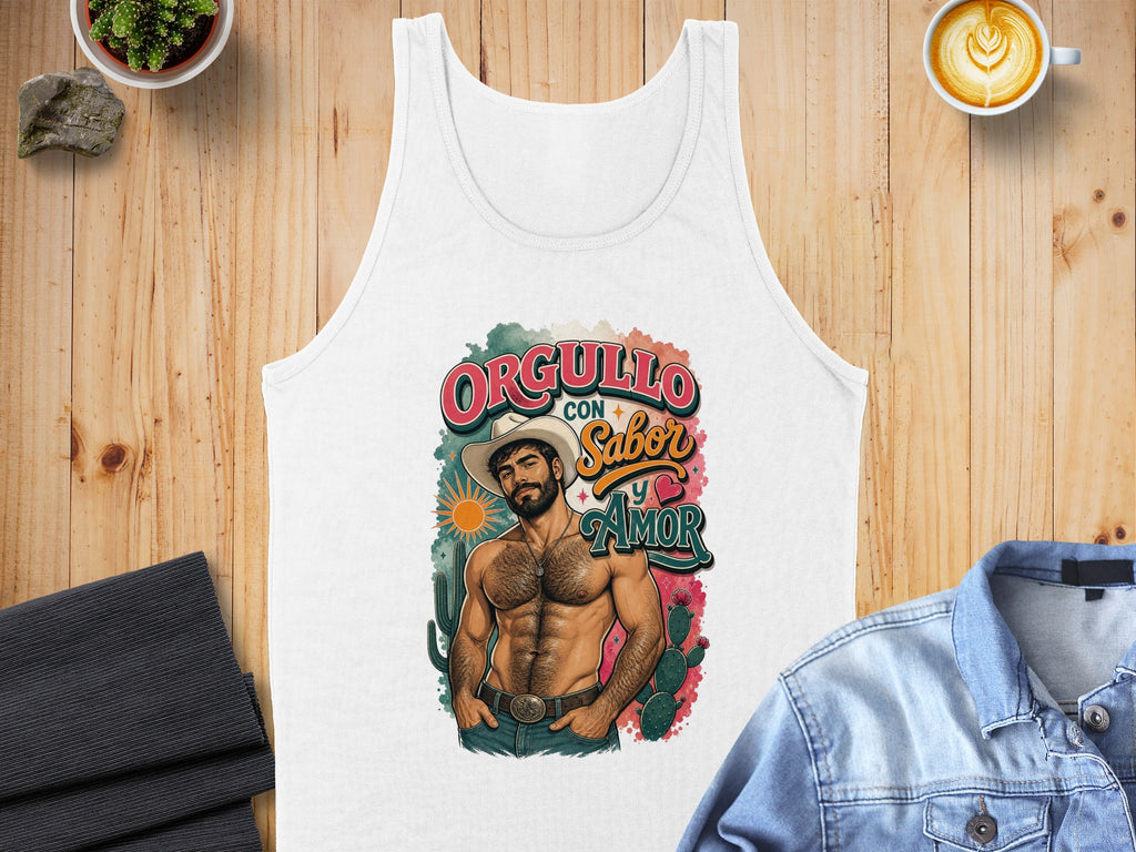 White tank top with "Orgullo con Sabor y Amor" text and a stylized cowboy.