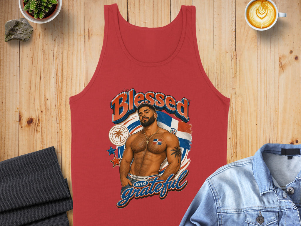Red tank top with "Blessed and Grateful" text, Dominican flag, and man illustration.