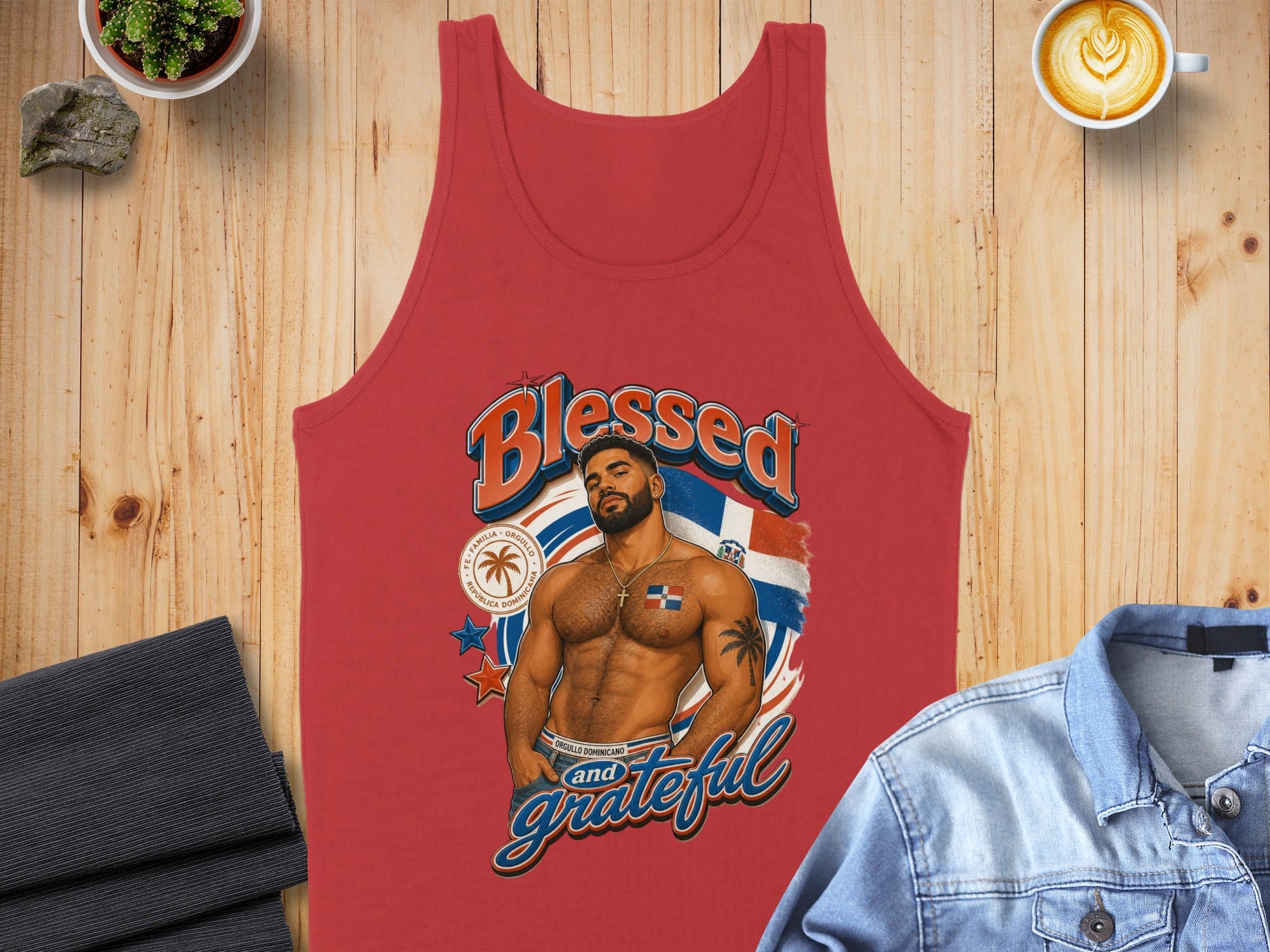Red tank top with "Blessed and Grateful" text, Dominican flag, and man illustration.