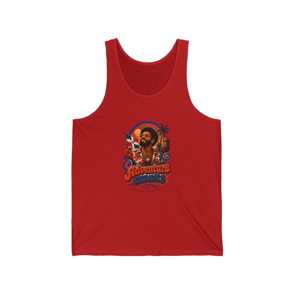 Red tank top with "Adventure Awaits" text and a retro design.