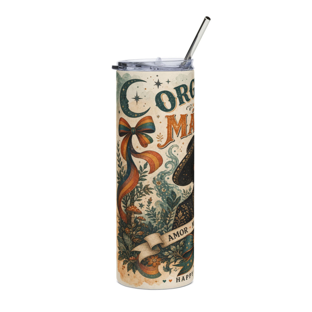 Floral pattern tumbler with moon, ribbon, and text "COLOR MAGIC HAPPY AMOR".