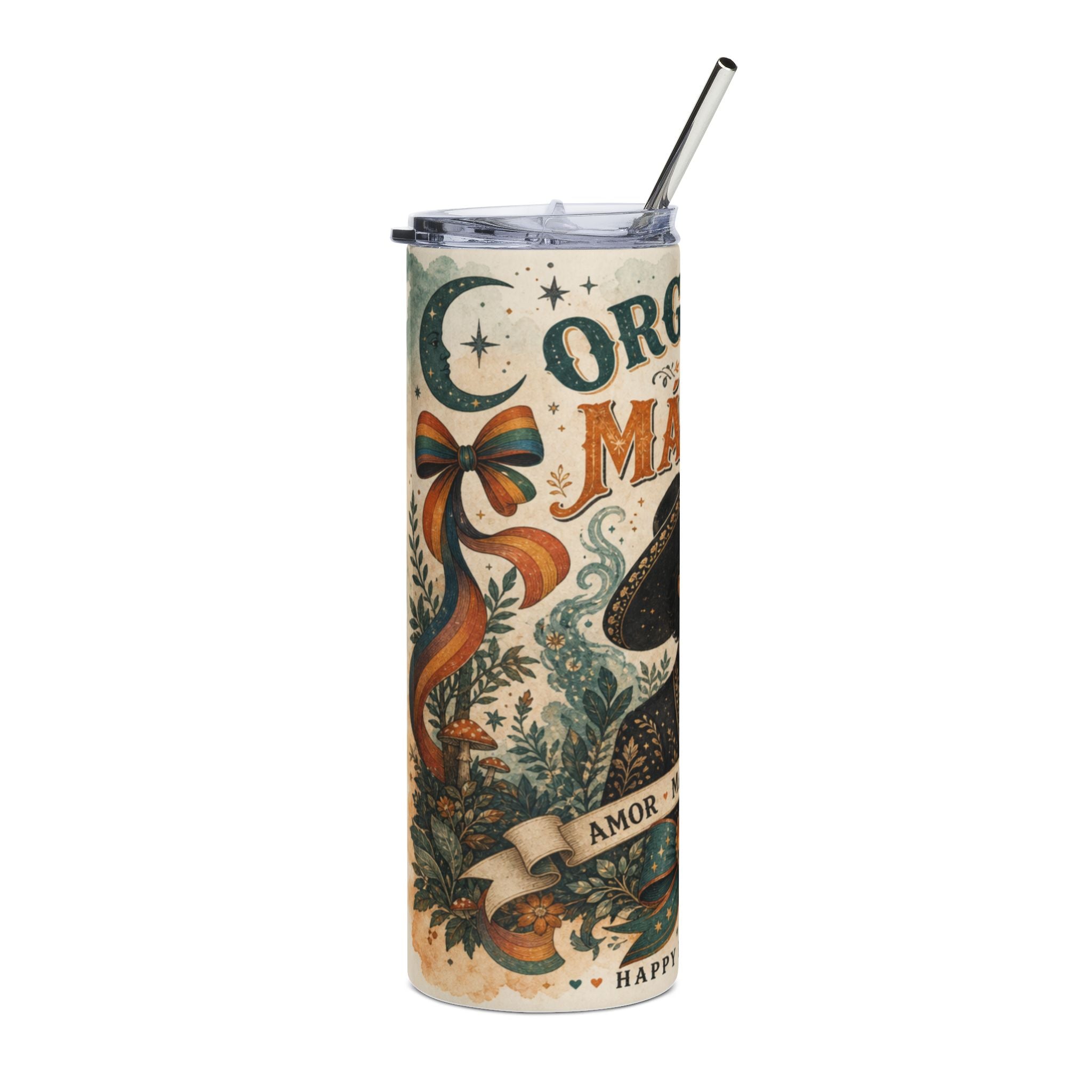 Floral pattern tumbler with moon, ribbon, and text "COLOR MAGIC HAPPY AMOR".