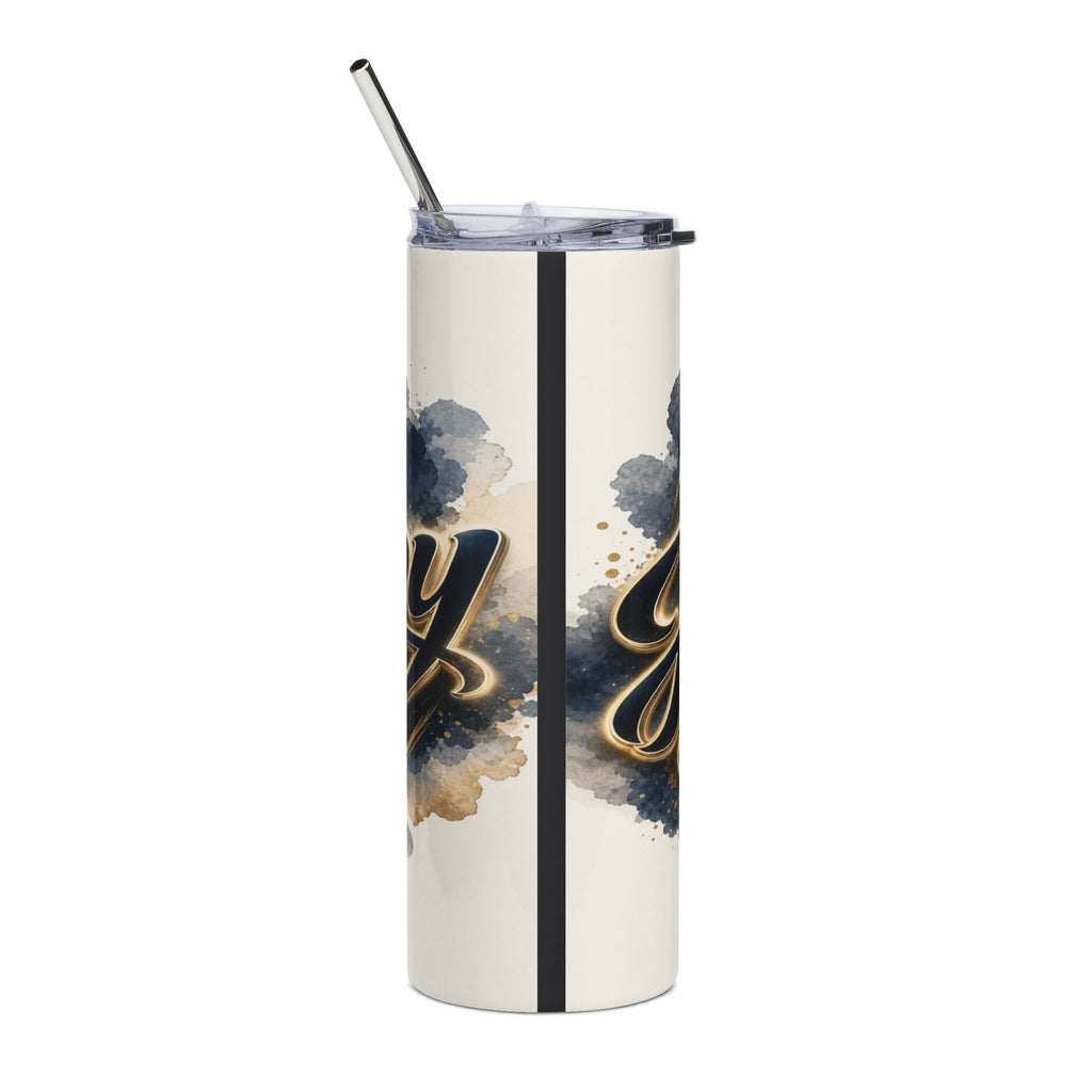 Tall tumbler with a black and gold script design and watercolor accents.