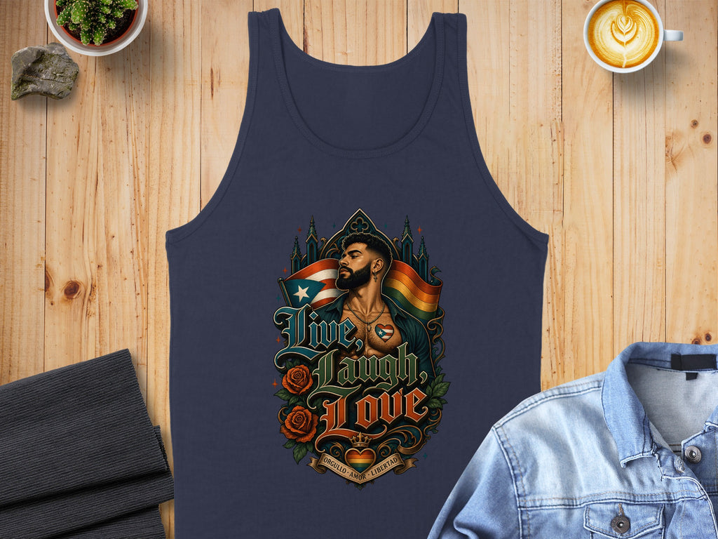 Navy tank top with graphic of man holding Cuban flag and "Live, Laugh, Love" text.