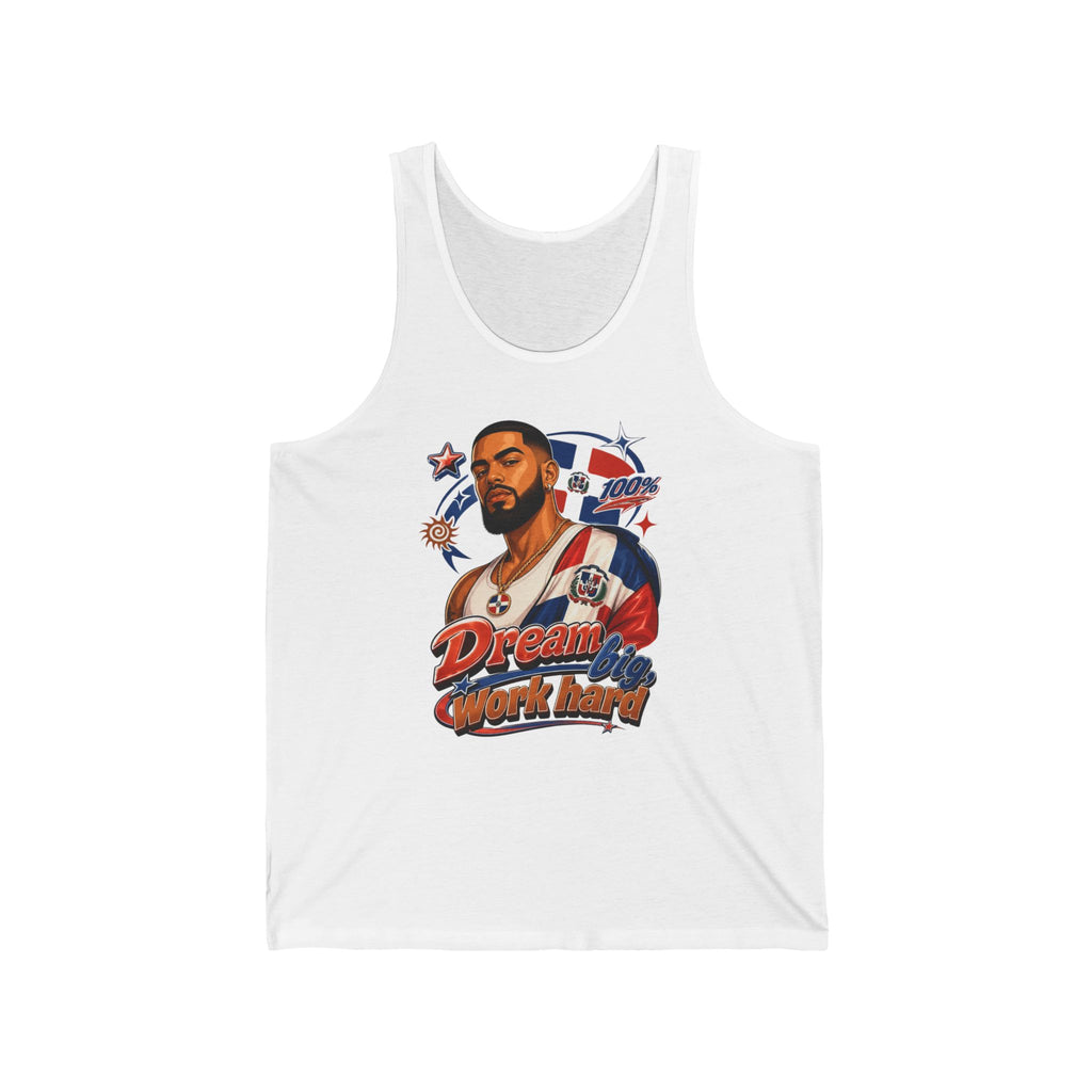 Dominican flag tank top with man and "Dream big work hard" text.