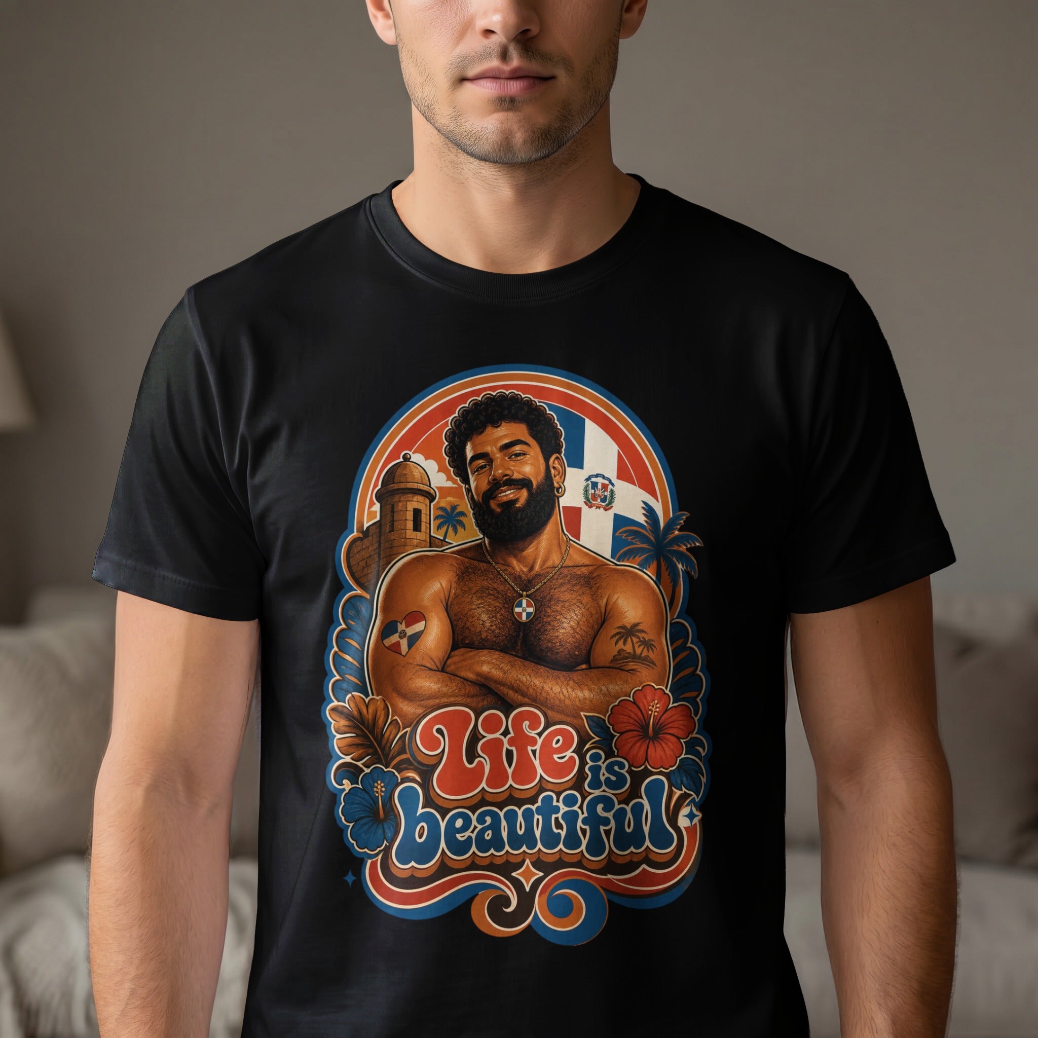 Man in t-shirt with Dominican flag, hibiscus flowers, and "Life is beautiful" text.