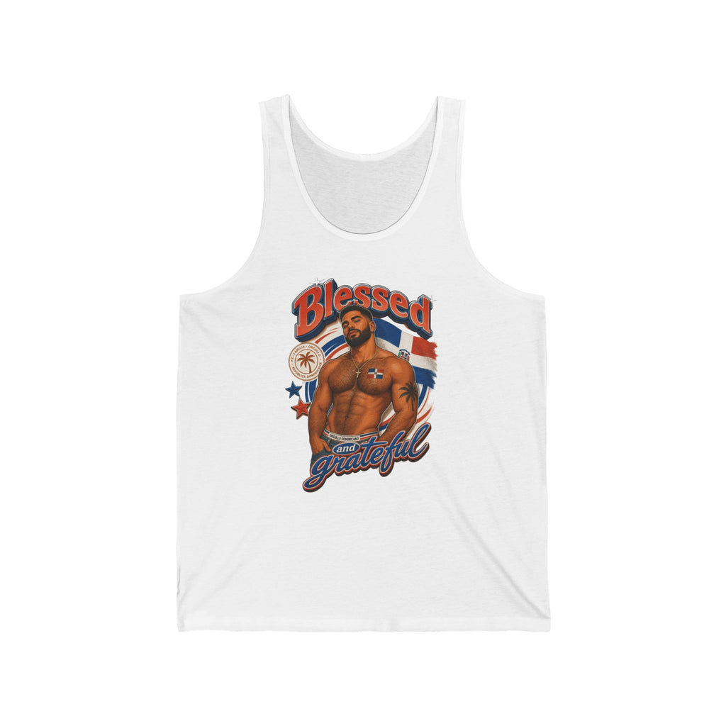 Man in tank top with Dominican flag and text "Blessed and Grateful".