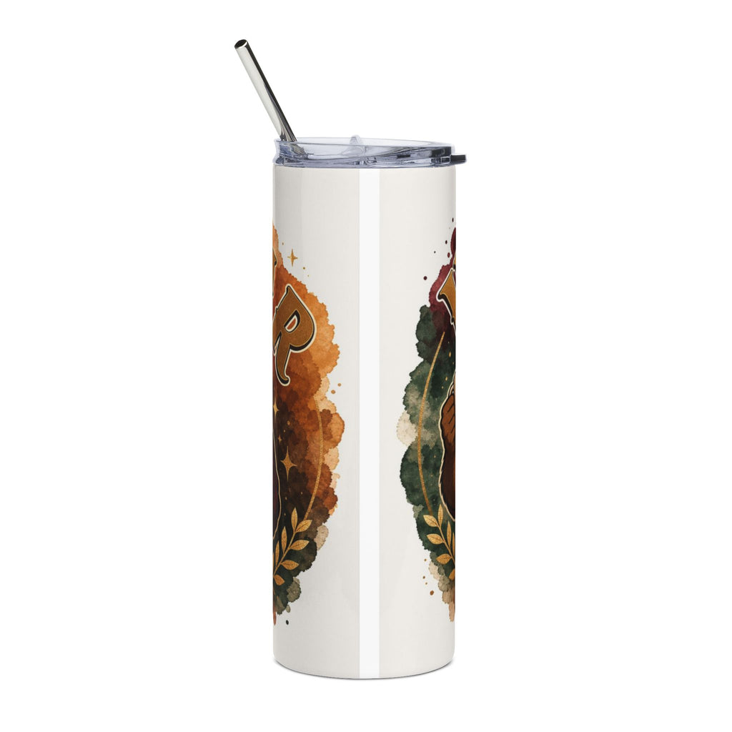 White tumbler with metallic straw and lid, featuring watercolor astrological symbols.