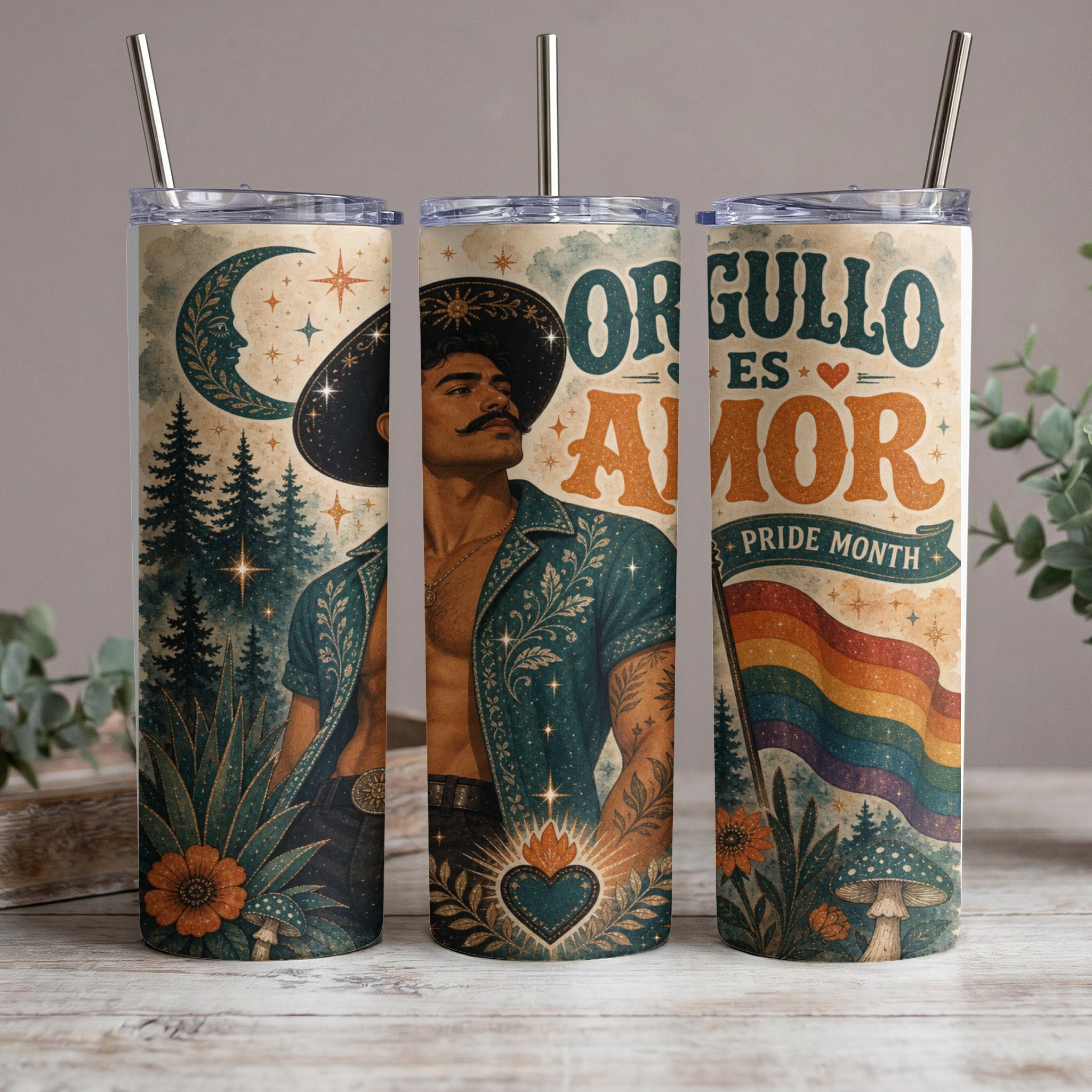 Pride Month tumbler with "Orgullo es Amor" text and rainbow flag.