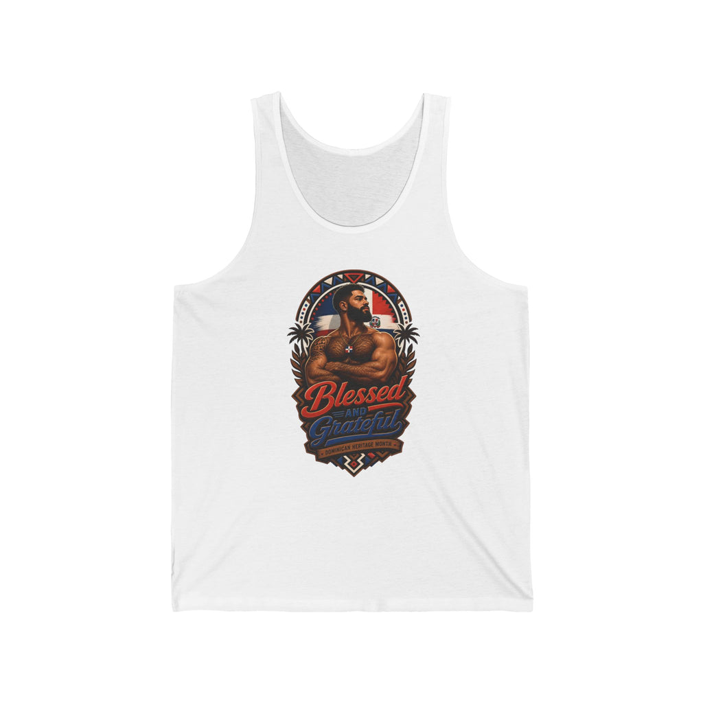 White tank top with "Blessed and Grateful" text and a man in a circular emblem.