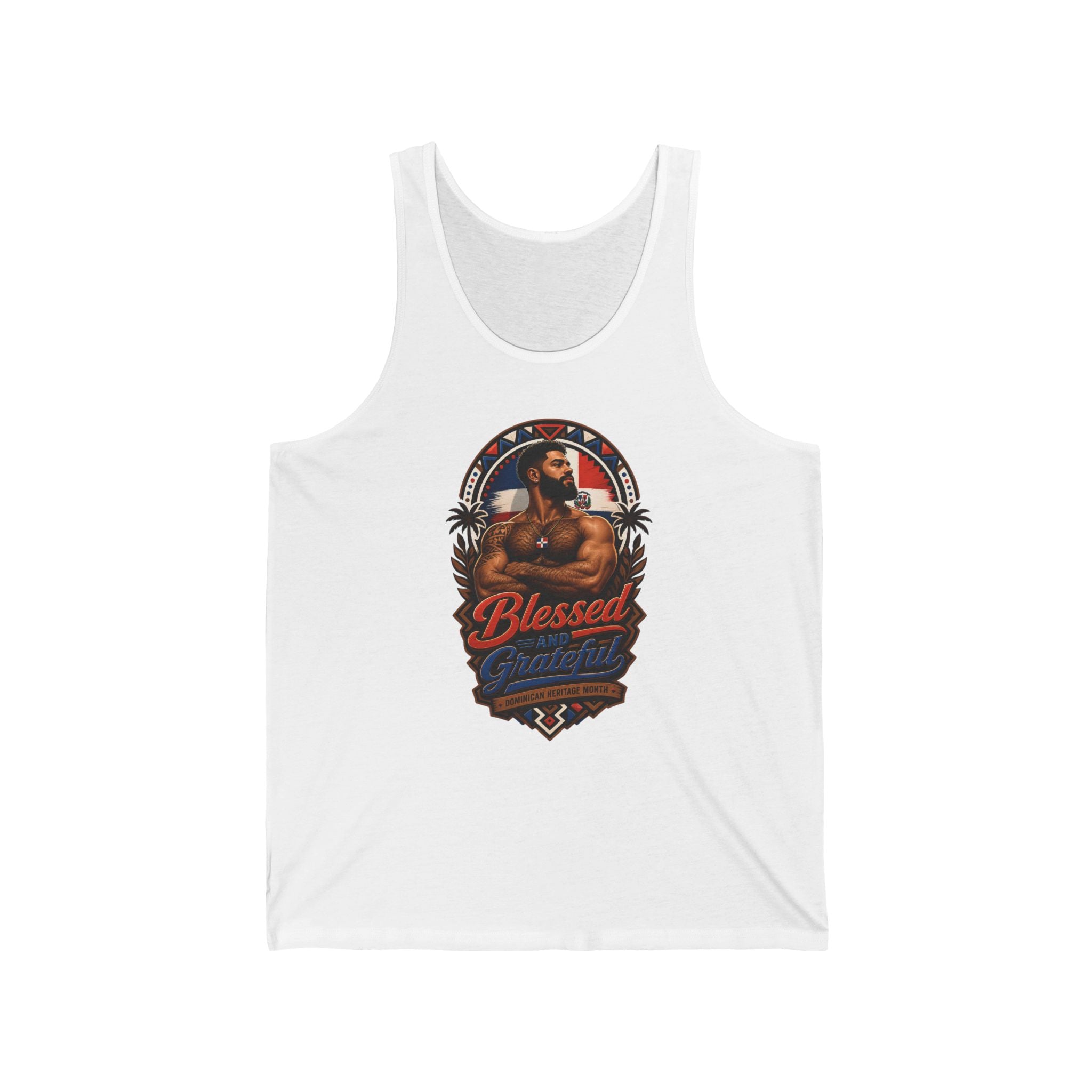 White tank top with "Blessed and Grateful" text and a man in a circular emblem.