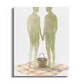 Two figures holding hands on a picnic blanket with a basket.