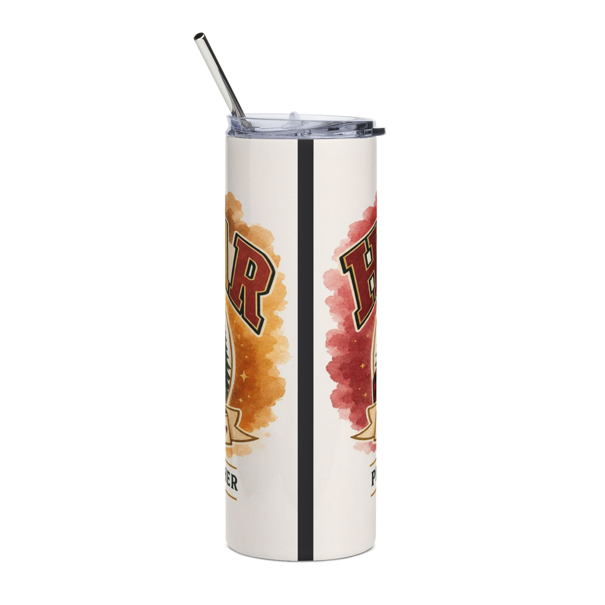 White tumbler with red and gold "HER" and "PR" lettering and watercolor accents.