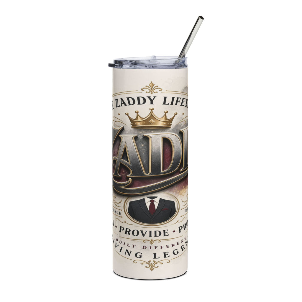 Cream tumbler with "Zaddy Lifes" text, a crown, and a suit design.