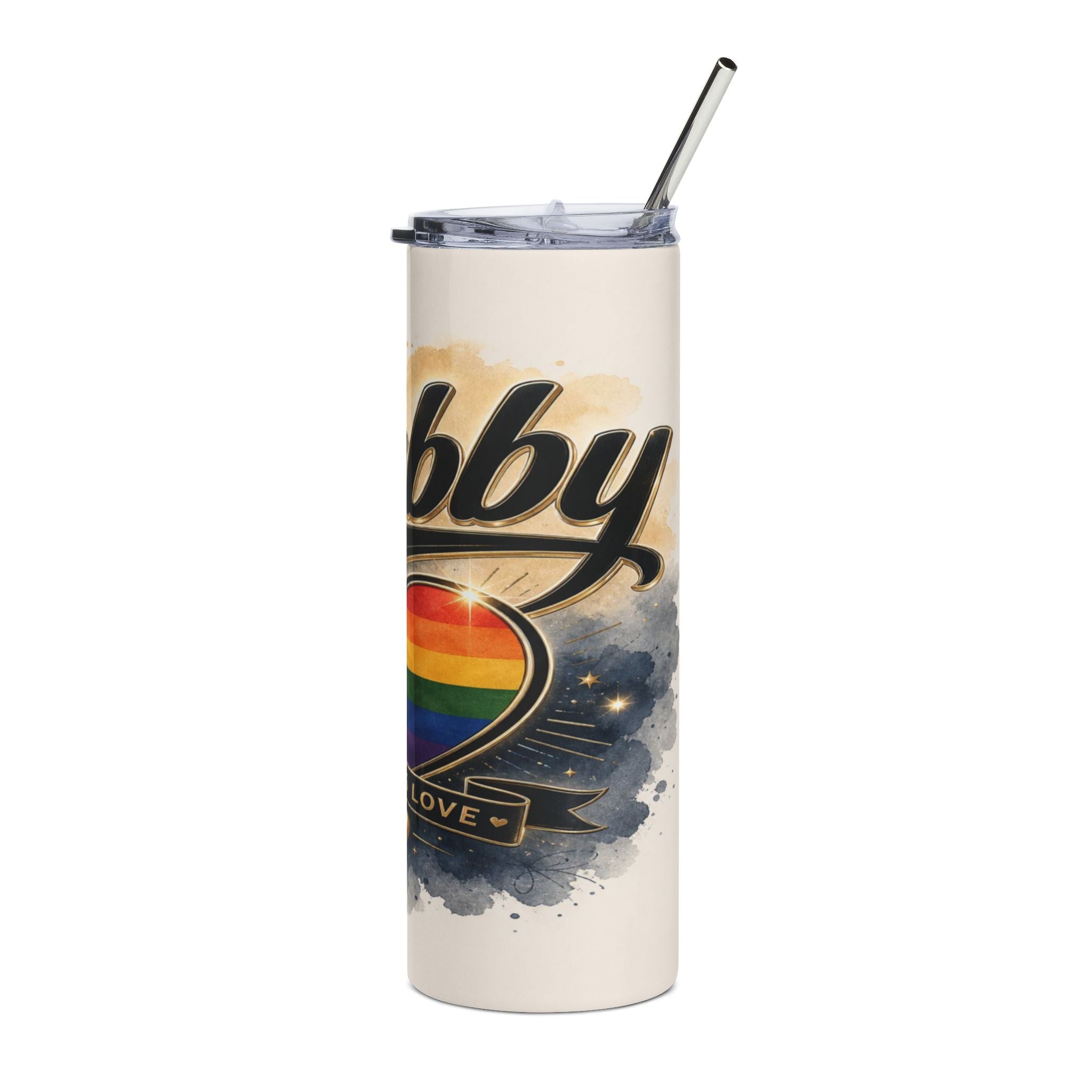 Tumbler with "bby" and rainbow heart with "LOVE" banner.
