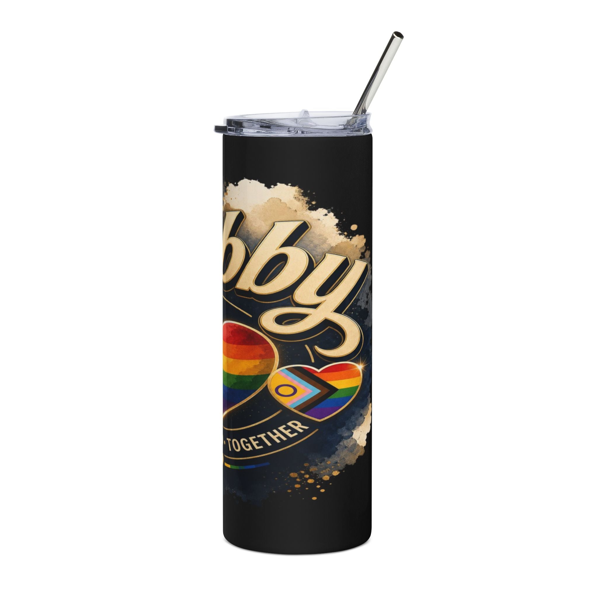 Black tumbler with "bby" and rainbow pride heart designs, with text "TOGETHER".