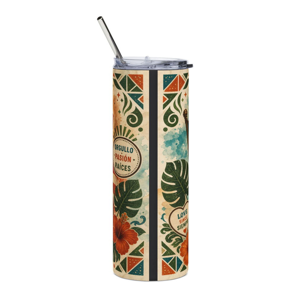Tumbler with hibiscus flowers, monstera leaves, and "Orgullo Pasión Raíces" text.