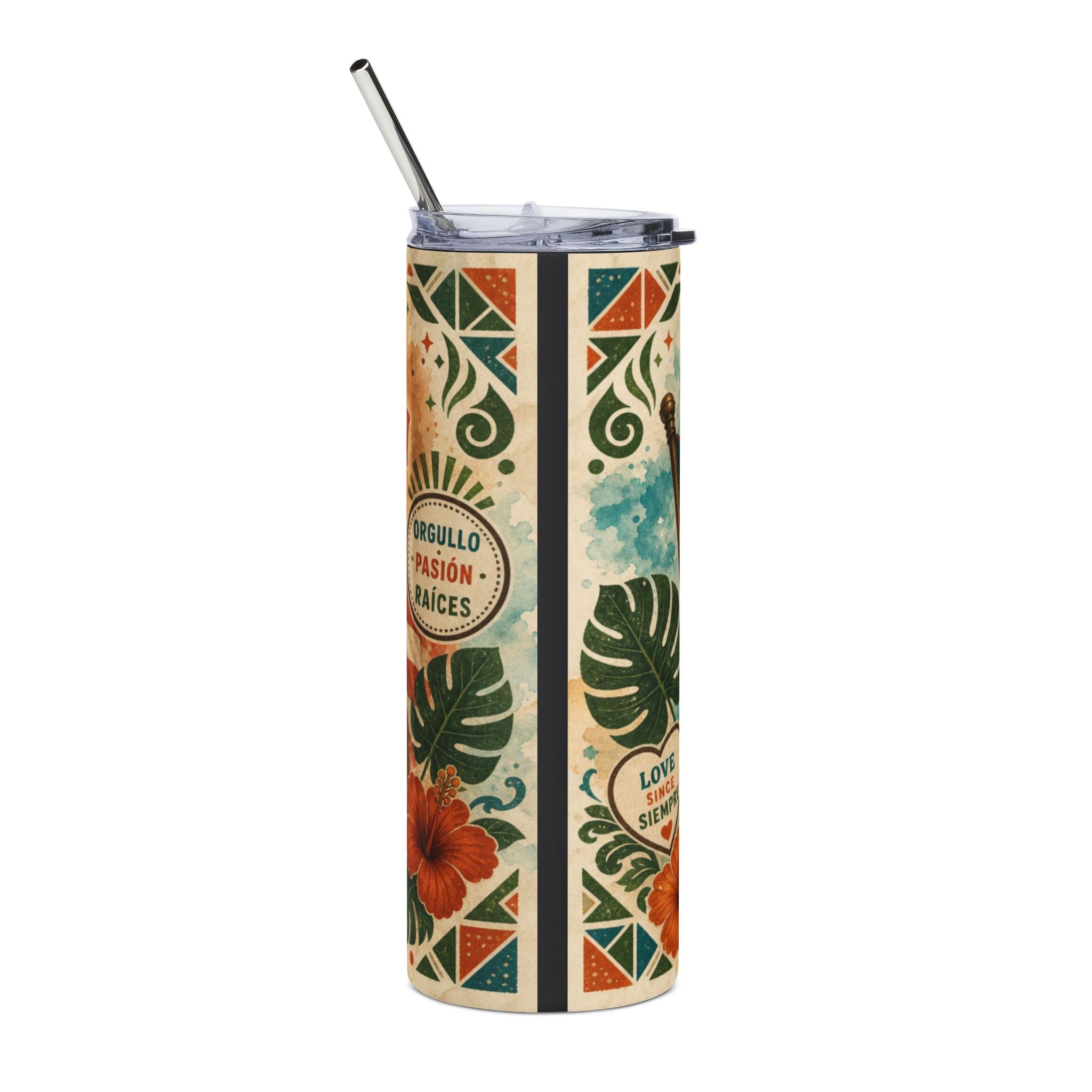 Tumbler with hibiscus flowers, monstera leaves, and "Orgullo Pasión Raíces" text.