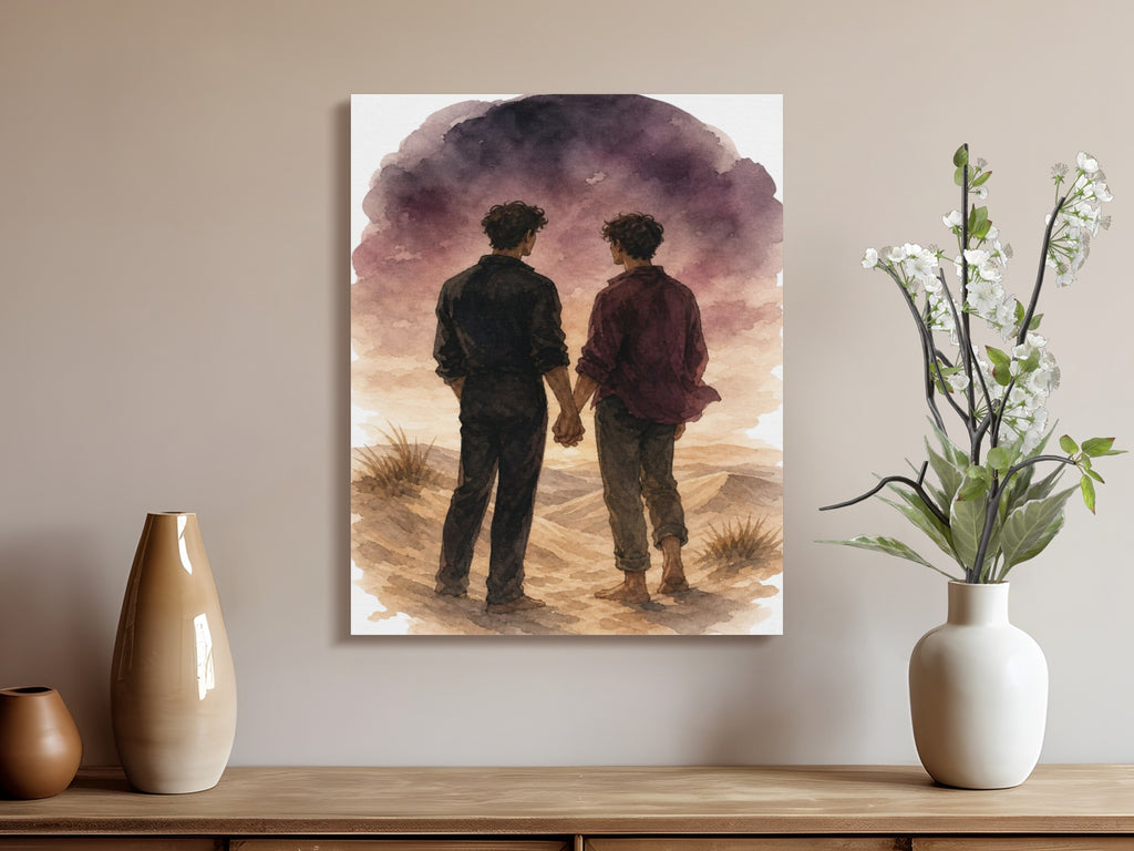 Watercolor painting of two men holding hands under a dark, stormy sky.